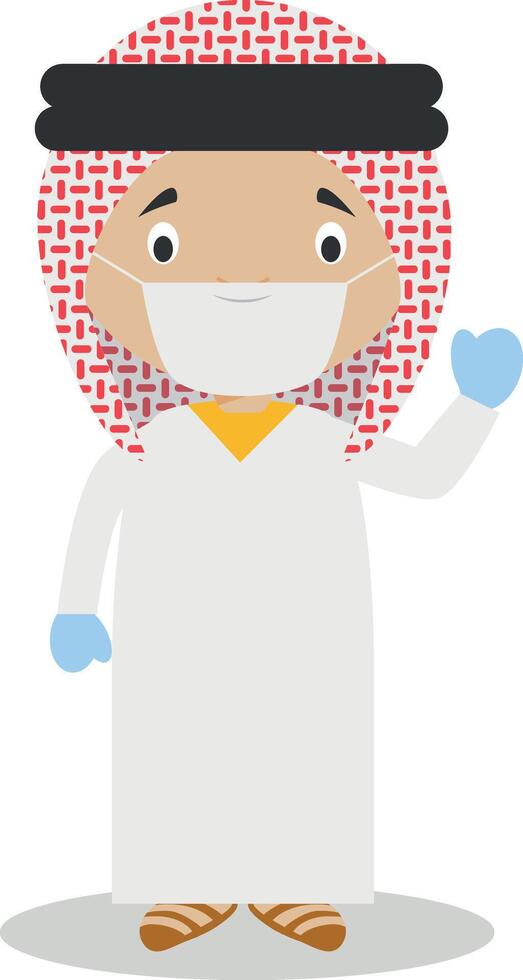 Character from Saudi Arabia dressed in the traditional way and with surgical mask and latex gloves as protection against a health emergency vector