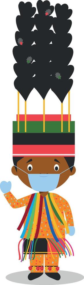 Character from Saint Kitts and Nevis dressed in the traditional way for carnival and with surgical mask and latex gloves as protection against a health emergency vector