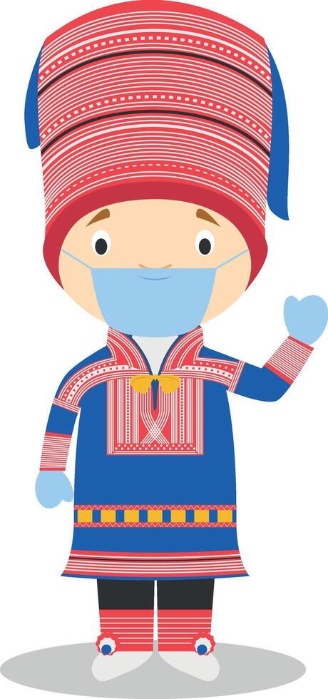 Character from Lapland dressed in the traditional way and with surgical mask and latex gloves as protection against a health emergency vector