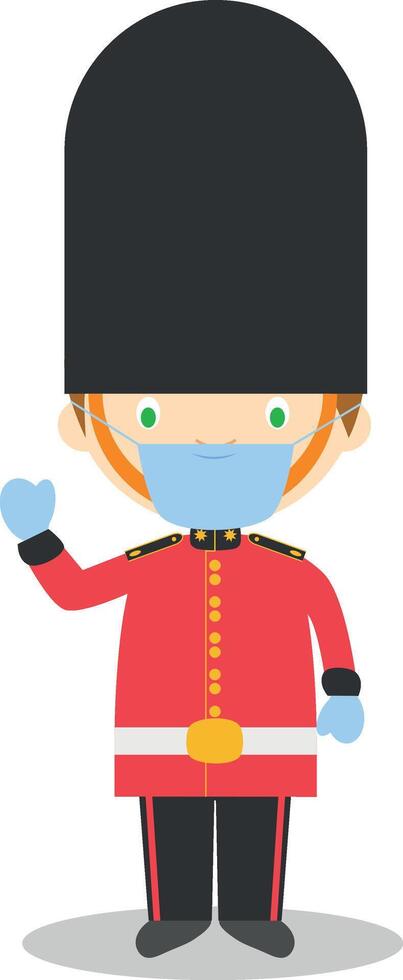 Character from England. Royal Guard boy dressed in the traditional way and with surgical mask and latex gloves as protection against a health emergency vector