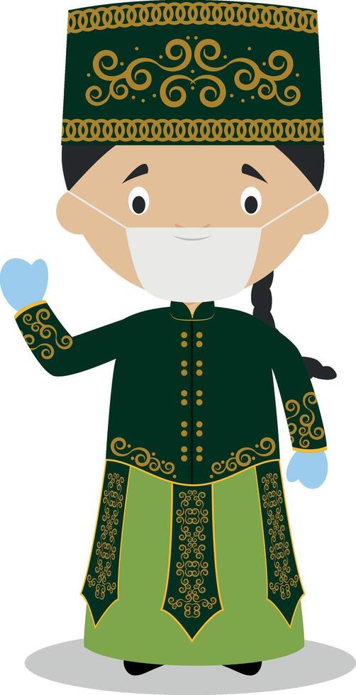 Character from Uzbekistan dressed in the traditional way and with surgical mask and latex gloves as protection against a health emergency vector