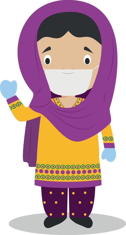 Character from Pakistan dressed in the traditional way and with surgical mask and latex gloves as protection against a health emergency vector