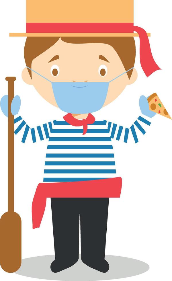 Character from Italy dressed in the traditional way as a Venice gondolier eating pizza and with surgical mask and latex gloves as protection against a health emergency vector
