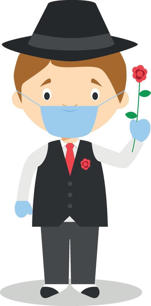 Character from Argentina dressed in the traditional way as a tango dancer and with surgical mask and latex gloves as protection against a health emergency vector