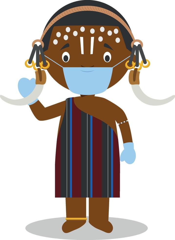 Character from Ethiopia-Mursi Tribe dressed in the traditional way and with surgical mask and latex gloves as protection against a health emergency vector
