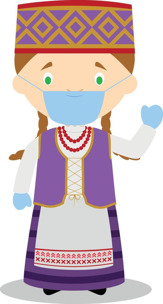 Character from Lithuania dressed in the traditional way and with surgical mask and latex gloves as protection against a health emergency vector