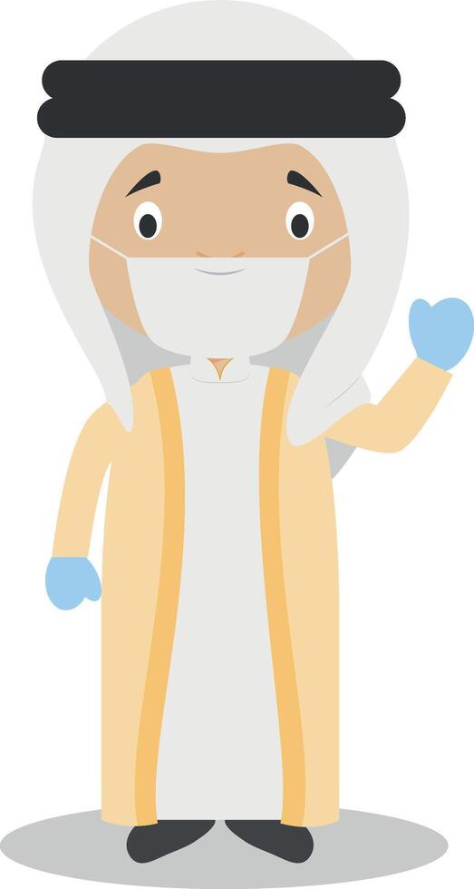 Character from United Arab Emirates dressed in the traditional way and with surgical mask and latex gloves as protection against a health emergency vector