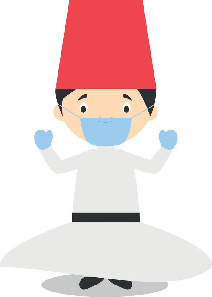 Character from Turkey. Whirling Dervishes dressed in the traditional way and with surgical mask and latex gloves as protection against a health emergency vector