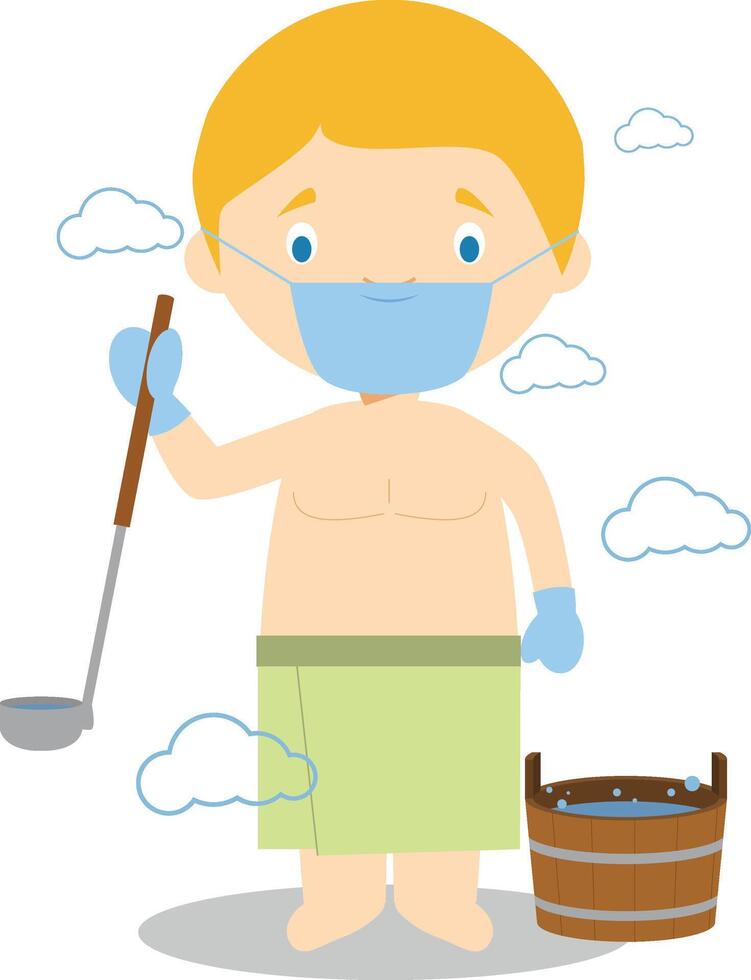 Character from Finland in a traditional sauna with surgical mask and latex gloves as protection against a health emergency vector