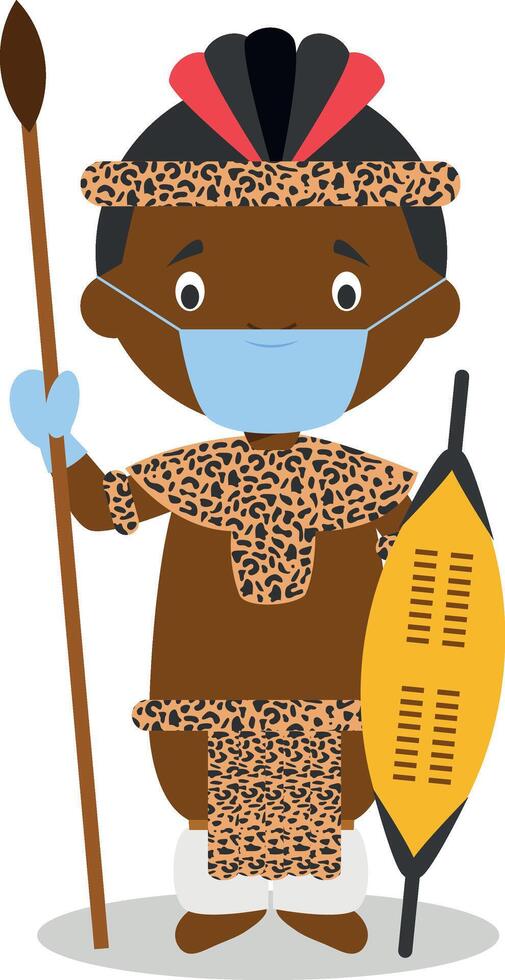 Character from South Africa. Zulu boy dressed in the traditional way of the Zulu tribe and with surgical mask and latex gloves as protection against a health emergency vector