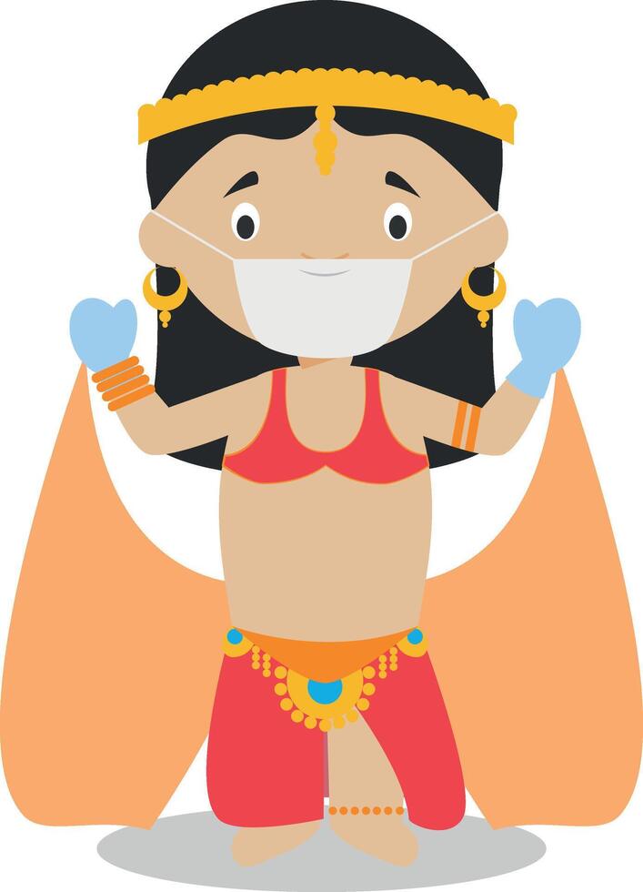 Belly dancer girl dressed in the traditional way and with surgical mask and latex gloves as protection against a health emergency vector