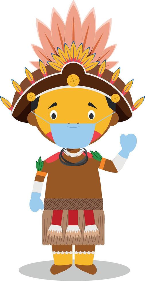 Character from Papua New Guinea-Dani Tribe dressed in the traditional way and with surgical mask and latex gloves as protection against a health emergency vector