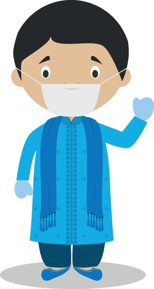 Character from Bangladesh dressed in the traditional way and with surgical mask and latex gloves as protection against a health emergency vector