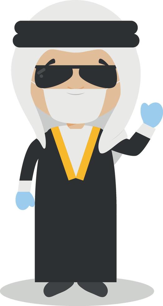 Character from Iraq or Persia dressed in the traditional way and with surgical mask and latex gloves as protection against a health emergency vector