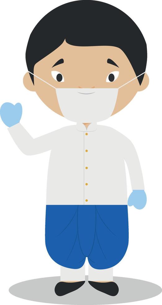 Character from Thailand dressed in the traditional way and with surgical mask and latex gloves as protection against a health emergency vector