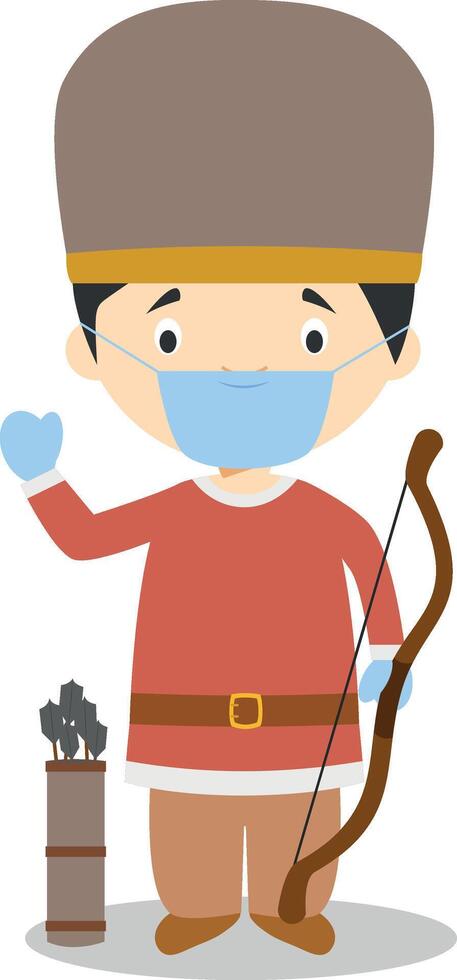 Character from Hungary dressed in the traditional way as a magyar warrior and with surgical mask and latex gloves as protection against a health emergency vector
