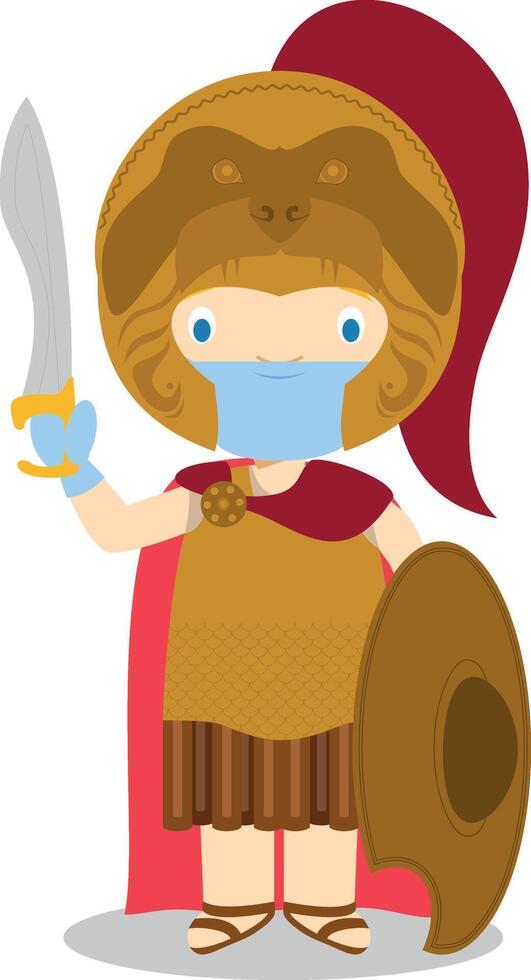 Alexander The Great cartoon character with surgical mask and latex gloves as protection against a health emergency vector