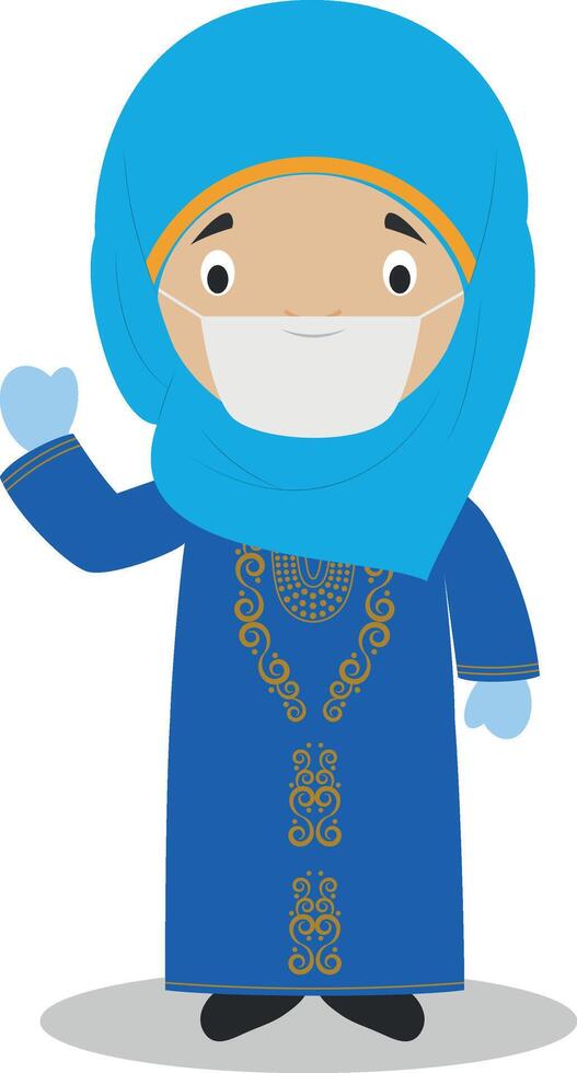 Character from Bahrain dressed in the traditional way and with surgical mask and latex gloves as protection against a health emergency vector