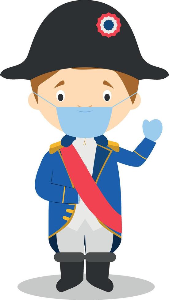 Napoleon Bonaparte cartoon character with surgical mask and latex gloves as protection against a health emergency vector