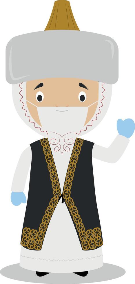 Character from Kazakhstan dressed in the traditional way and with surgical mask and latex gloves as protection against a health emergency vector