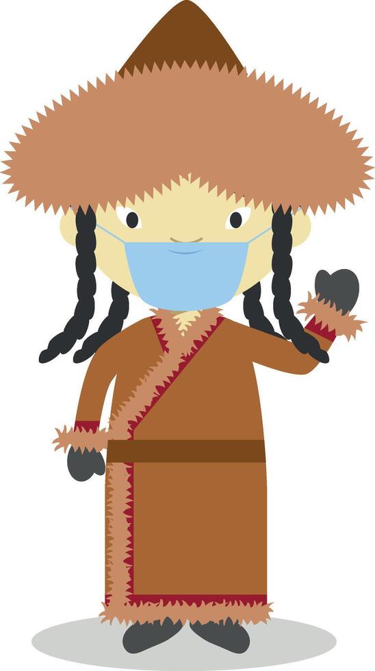 Character from Mongolia dressed in the traditional way and with surgical mask and latex gloves as protection against a health emergency vector