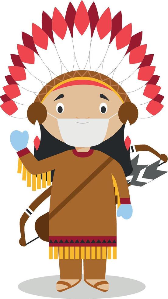 Character from United States dressed in the traditional way of the American Indians and with surgical mask and latex gloves as protection against a health emergency vector