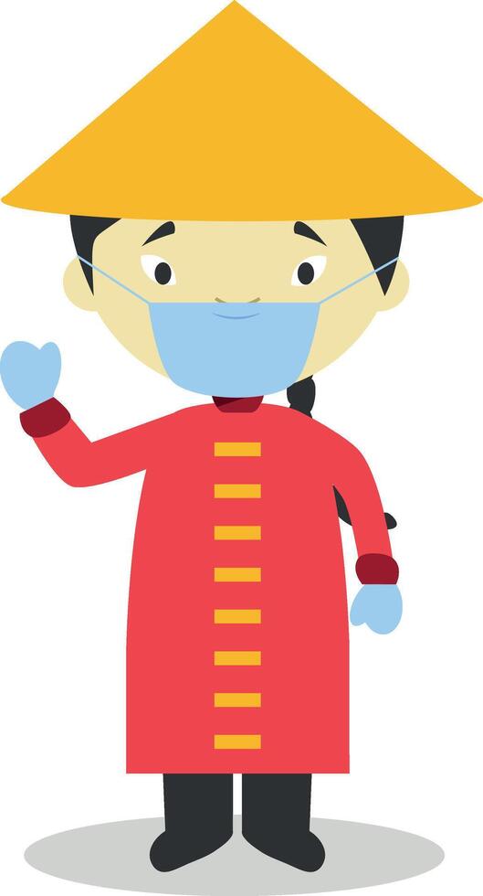 Character from China dressed in the traditional way and with surgical mask and latex gloves as protection against a health emergency vector