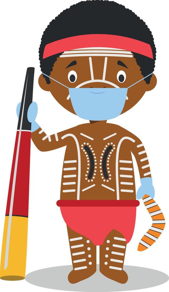 Character from Australia-Aboriginal dressed in the traditional way and with surgical mask and latex gloves as protection against a health emergency vector