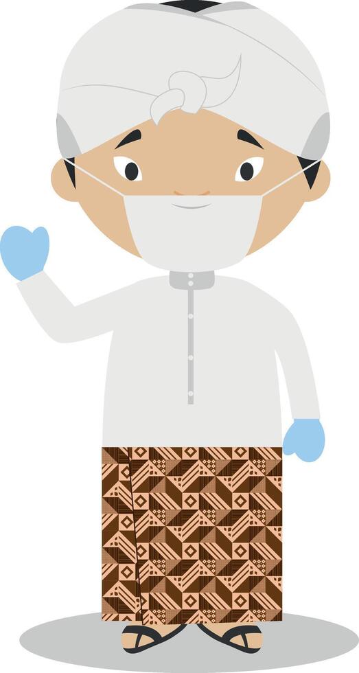 Character from Indonesia dressed in the traditional way and with surgical mask and latex gloves as protection against a health emergency vector