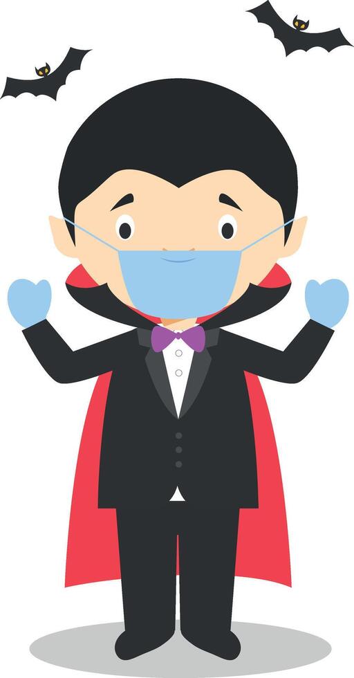 Character from Romania dressed as a vampire of Transilvania and with surgical mask and latex gloves as protection against a health emergency vector