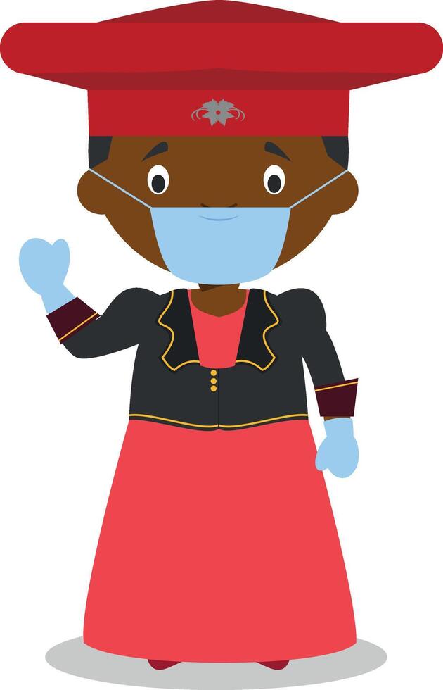 Character from Namibia-Herero Tribe dressed in the traditional way and with surgical mask and latex gloves as protection against a health emergency vector