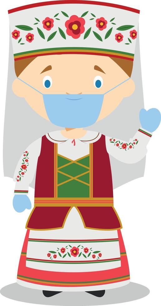 Character from Belarus dressed in the traditional way and with surgical mask and latex gloves as protection against a health emergency vector