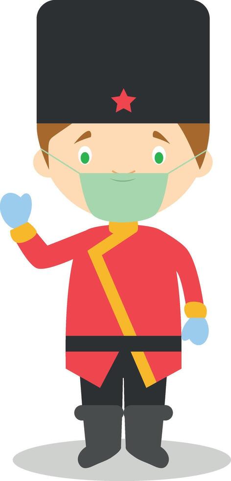 Character from Russia dressed in the traditional way and with surgical mask and latex gloves as protection against a health emergency vector
