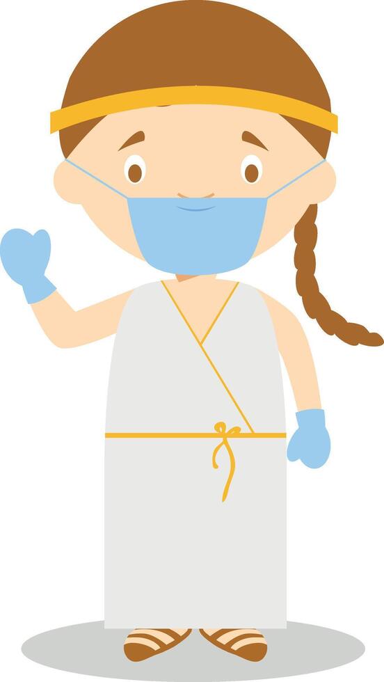 Character from Greece dressed in the traditional way of the Classical Greece and with surgical mask and latex gloves as protection against a health emergency vector