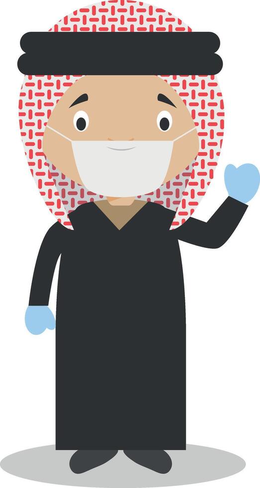 Character from Jordan dressed in the traditional way and with surgical mask and latex gloves as protection against a health emergency vector