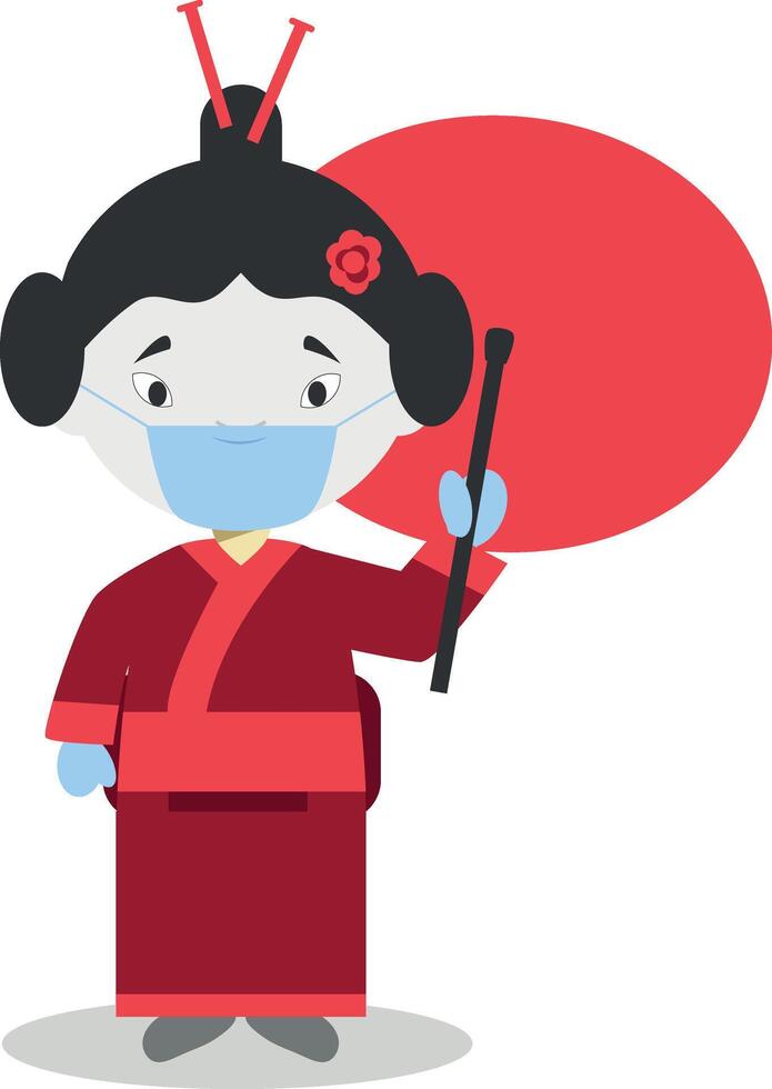 Character from Japan dressed in the traditional way and with surgical mask and latex gloves as protection against a health emergency vector