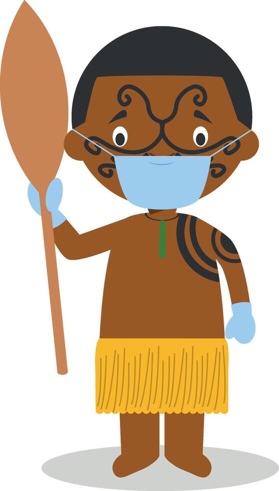 Character from New Zealand dressed in the traditional way of the Maori tribe and with surgical mask and latex gloves as protection against a health emergency vector