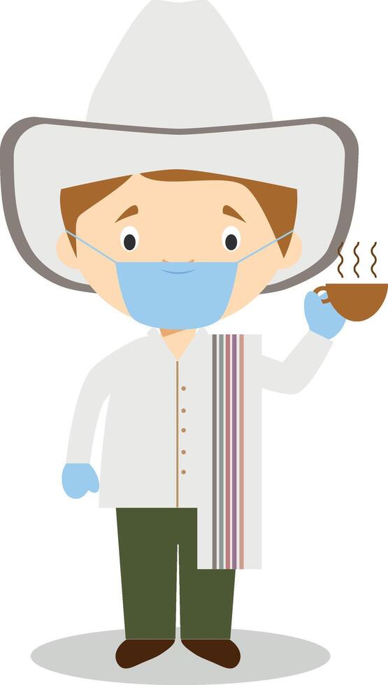 Character from Colombia dressed in the traditional way with a cup of coffee in his hand and with surgical mask and latex gloves as protection against a health emergency vector