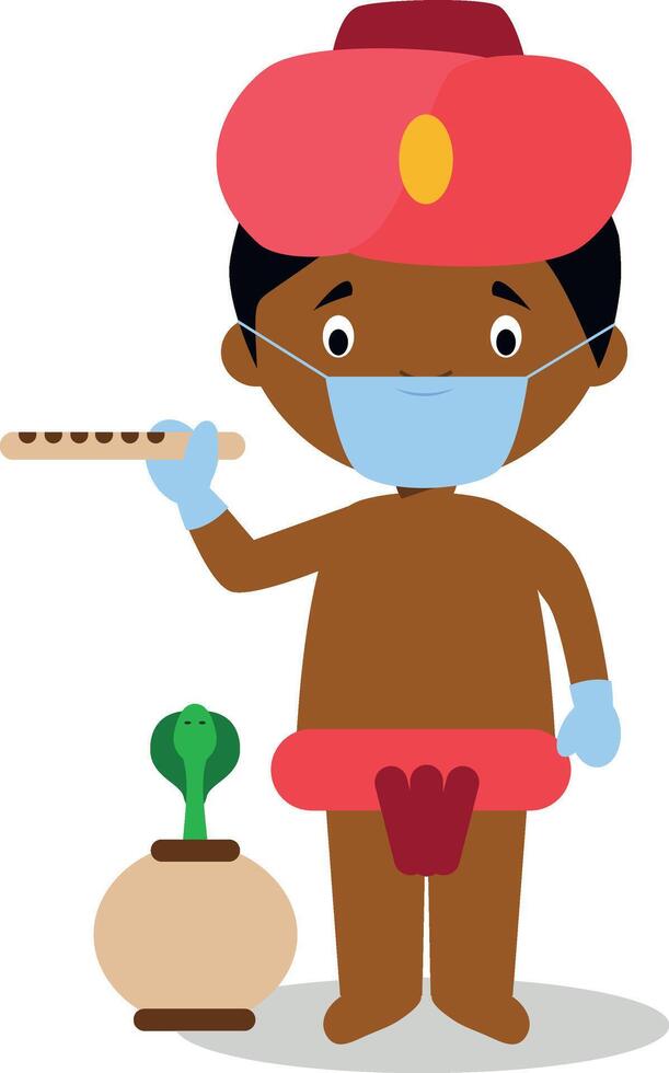 Character from India dressed in the traditional way as a snake charmer and with surgical mask and latex gloves as protection against a health emergency vector