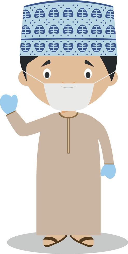 Character from Oman dressed in the traditional way and with surgical mask and latex gloves as protection against a health emergency vector