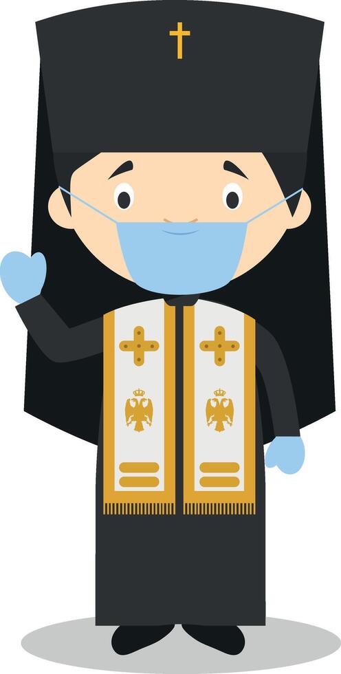 Orthodox Patriarch cartoon character with surgical mask and latex gloves as protection against a health emergency vector