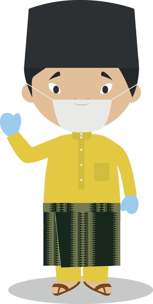 Character from Malaysia dressed in the traditional way and with surgical mask and latex gloves as protection against a health emergency vector