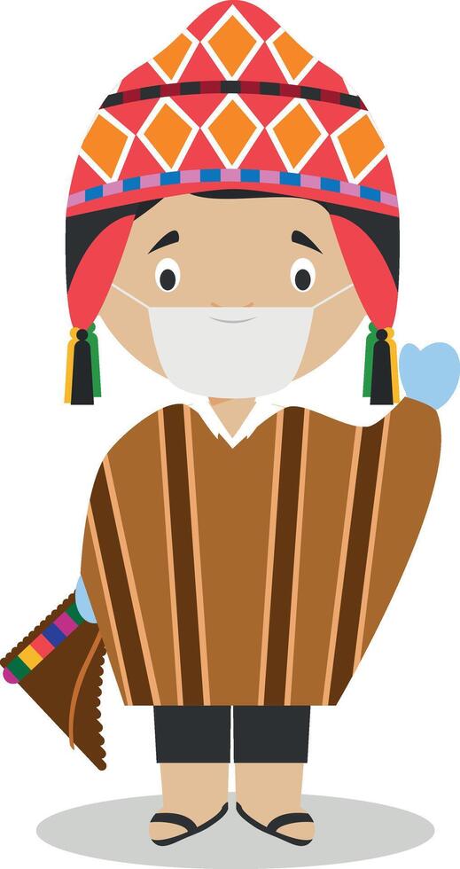 Character from Peru dressed in the traditional way and with surgical mask and latex gloves as protection against a health emergency vector