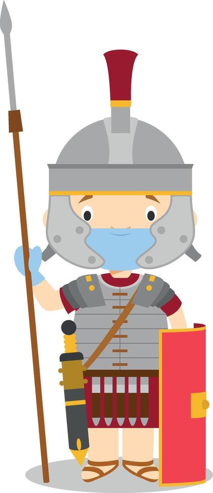 Character from Italy dressed in the traditional way as a Roman Legionary and with surgical mask and latex gloves as protection against a health emergency vector