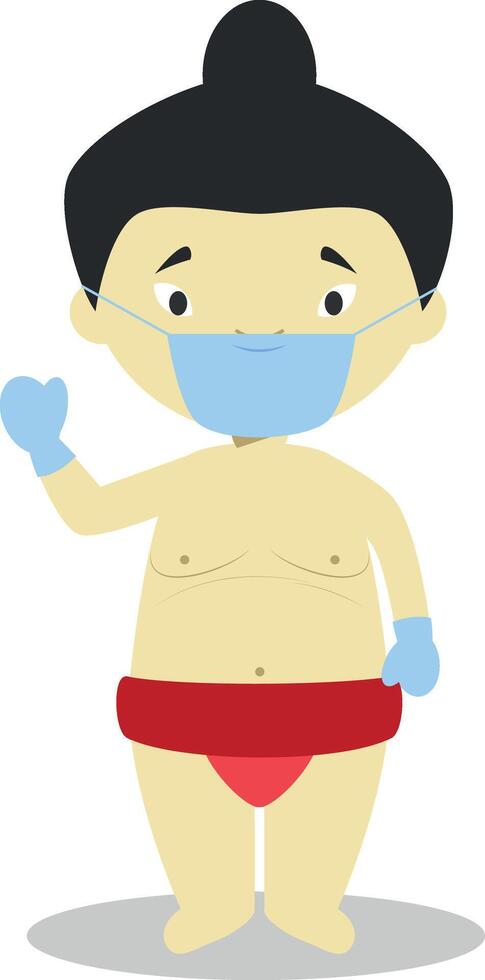 Character from Japan dressed as a sumo wrestler and with surgical mask and latex gloves as protection against a health emergency vector