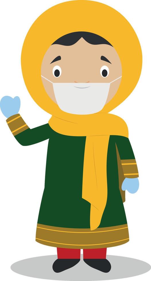 Character from Afghanistan dressed in the traditional way and with surgical mask and latex gloves as protection against a health emergency vector