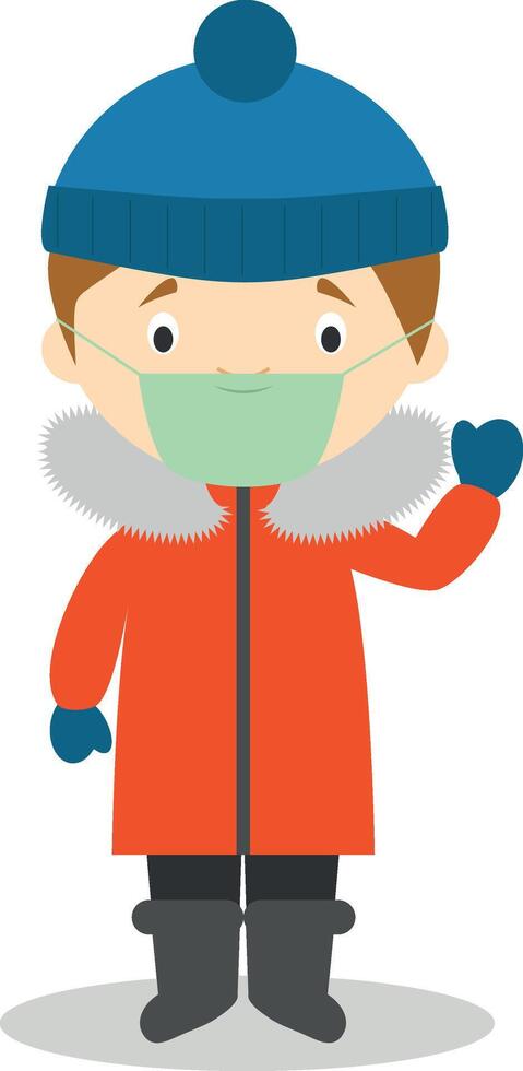 Character from South Pole, Arctic or Antarctica dressed in the traditional way and with surgical mask and latex gloves as protection against a health emergency vector