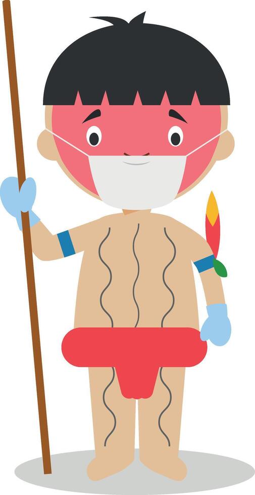Character from Venezuela dressed in the traditional way as a Yanomami indigenous and with surgical mask and latex gloves as protection against a health emergency vector