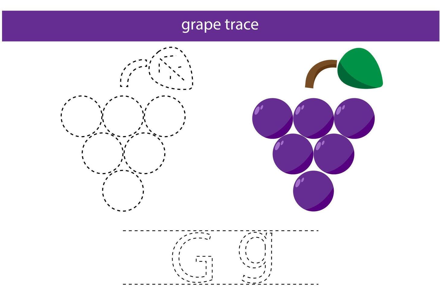 letter g grape fruit child hand writing trace exercise children book line flat design vector