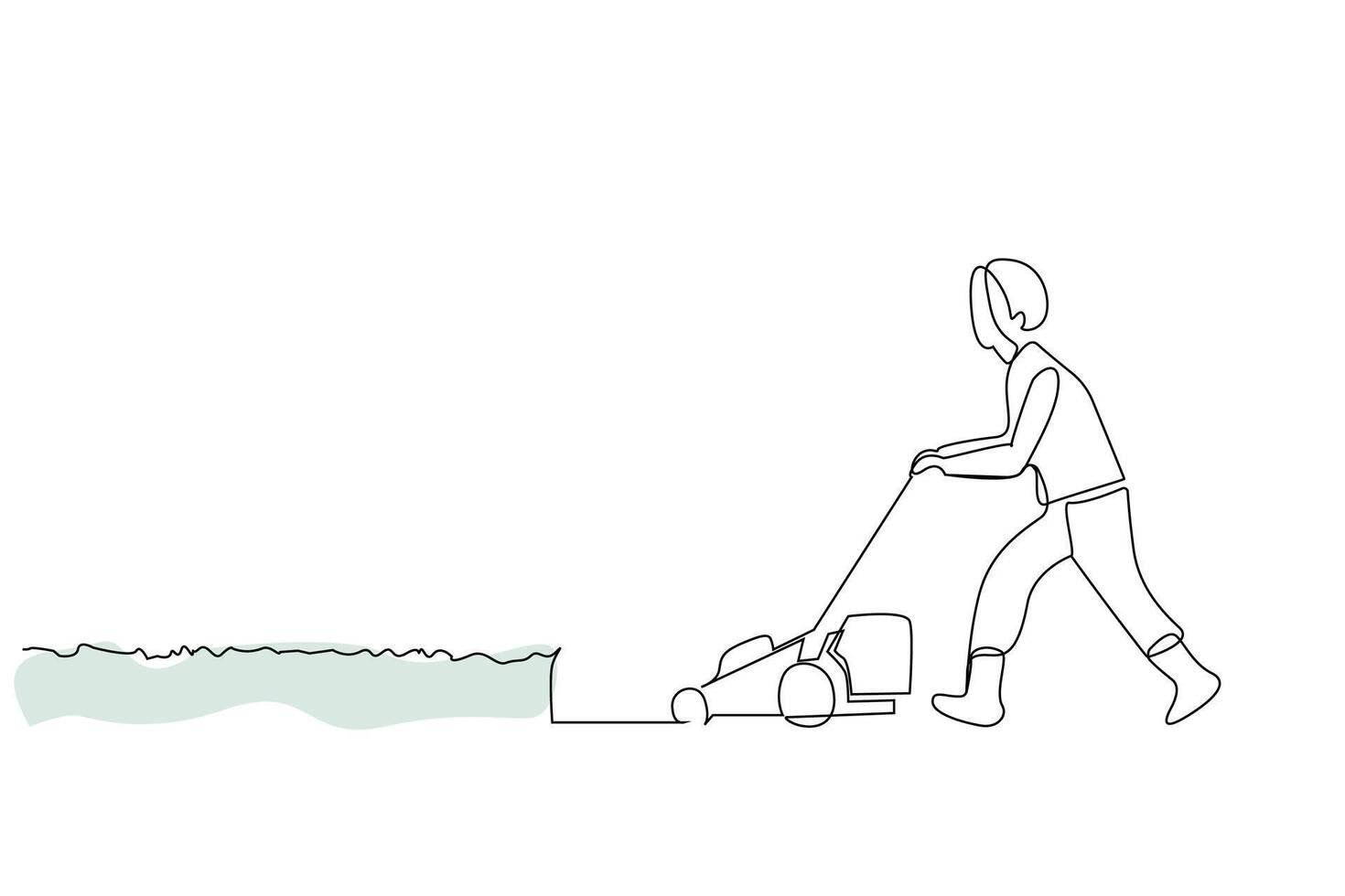 man person garden grass lawn mower work one line art design vector